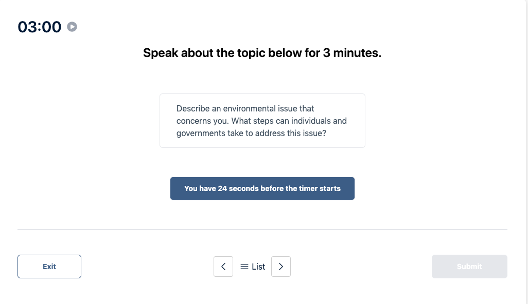 Prueba del Duolingo English Test "Muestra de conversación" Pregunta de práctica 4. El mensaje dice: hable sobre el tema siguiente durante 3 minutos.