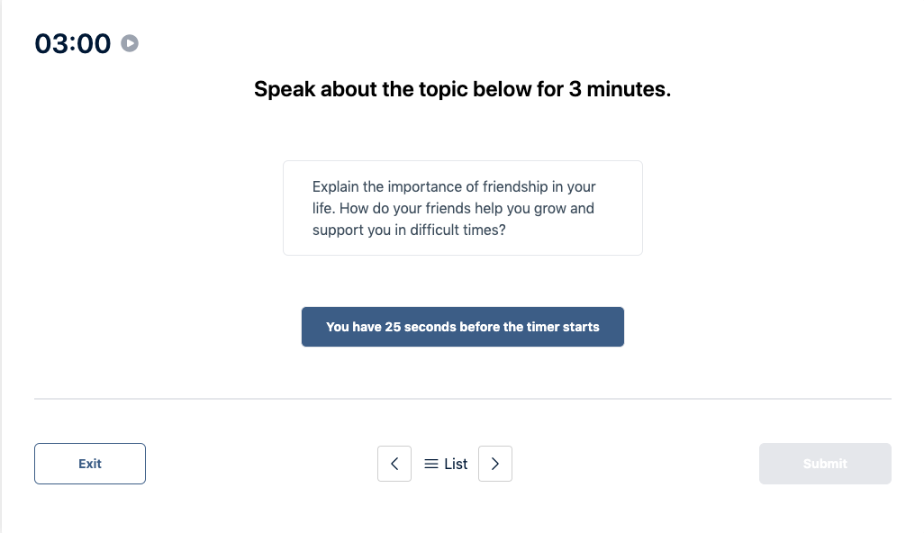 Prueba del Duolingo English Test "Muestra de conversación" Pregunta de práctica 7.  El mensaje dice: hable sobre el tema siguiente durante 3 minutos.