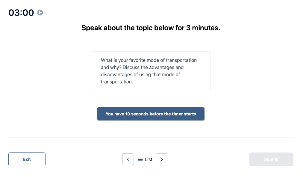 Prueba del Duolingo Test "Muestra de conversación" Pregunta de práctica 8. El mensaje dice: hable sobre el tema siguiente durante 3 minutos.