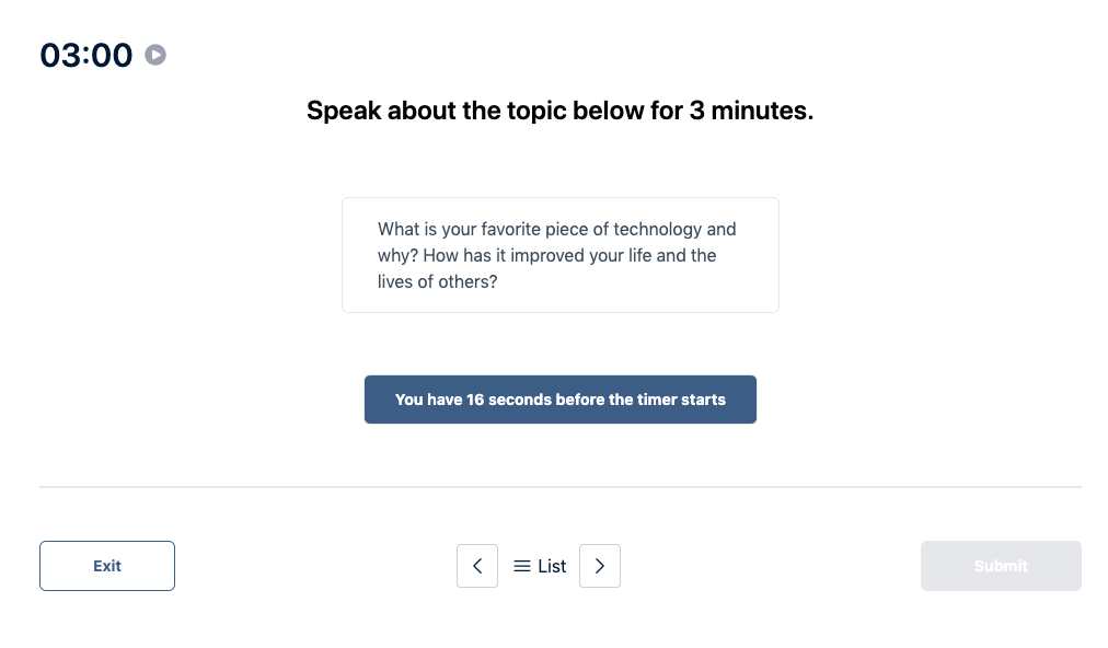 Prueba del Duolingo English Test "Muestra de conversación" Pregunta de práctica 11. El mensaje dice: hable sobre el tema siguiente durante 3 minutos.
