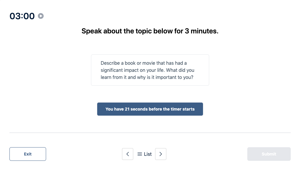 Prueba del Duolingo English Test "Muestra de conversación" Pregunta de práctica 13. El mensaje dice: hable sobre el tema siguiente durante 3 minutos.