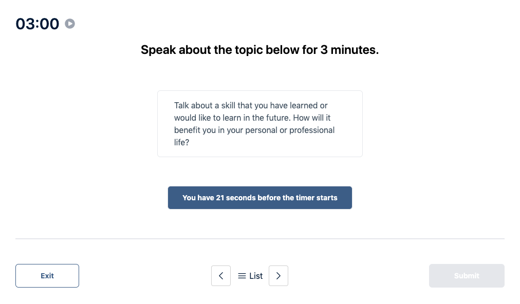 Prueba del Duolingo English Test "Muestra de conversación" Pregunta de práctica 14. El mensaje dice: hable sobre el tema siguiente durante 3 minutos. 
