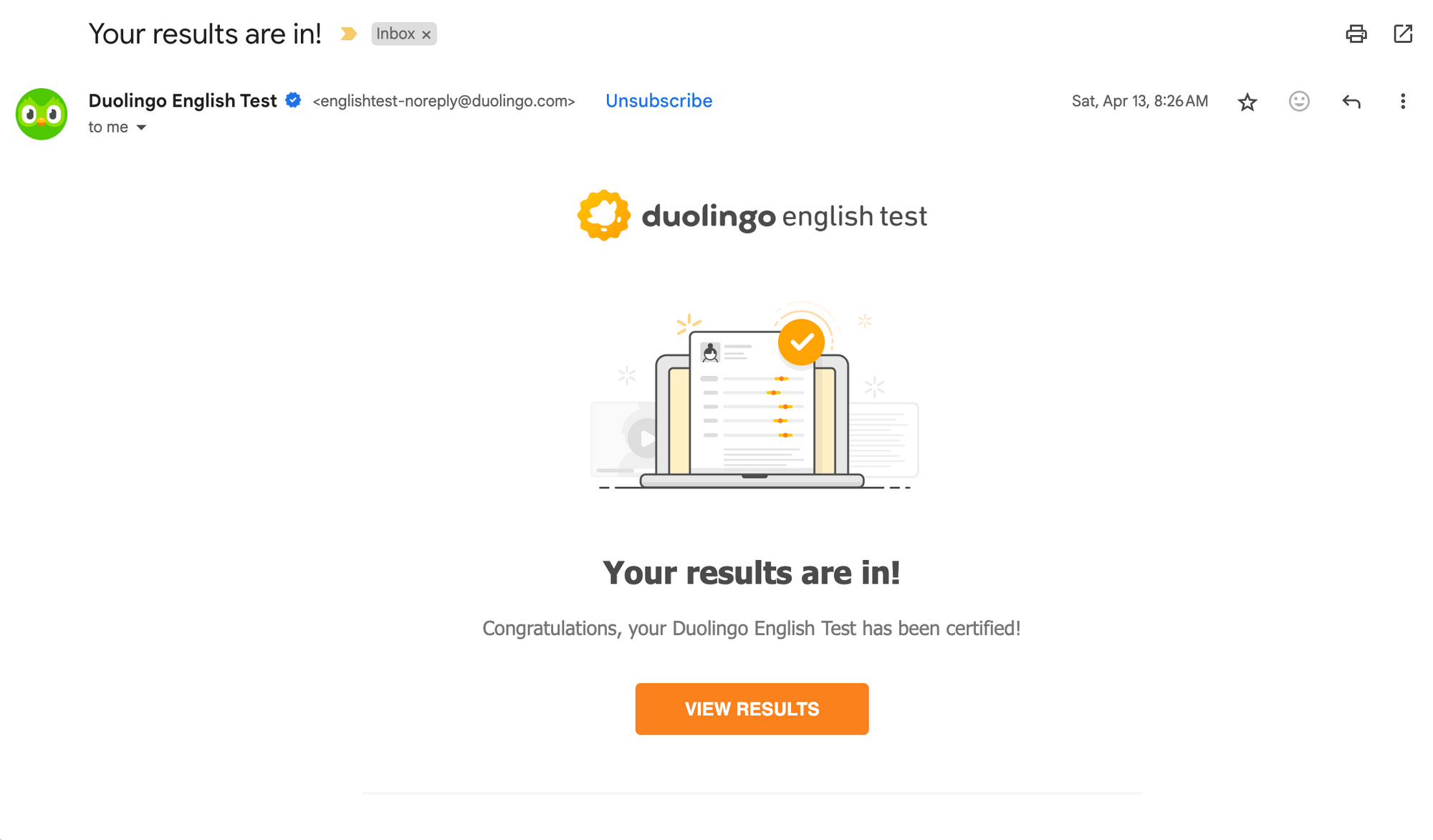 The email you receive from Duolingo informing you that your DET results are ready.
