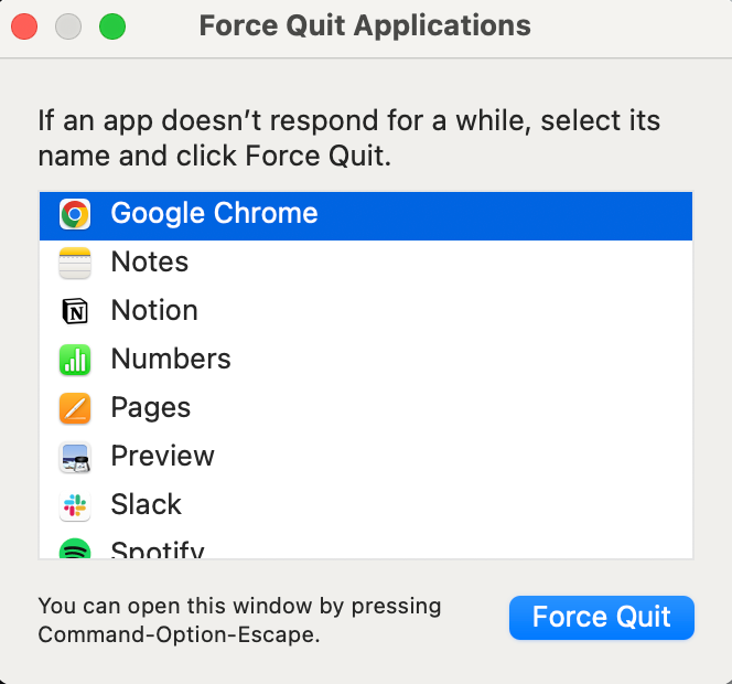 Screenshot of the Force Quit menu