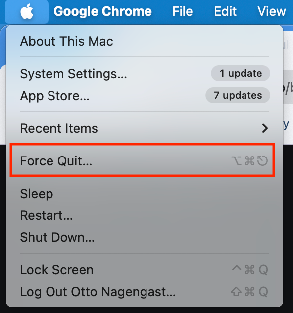 Screenshot showing how to open the Force Quit menu