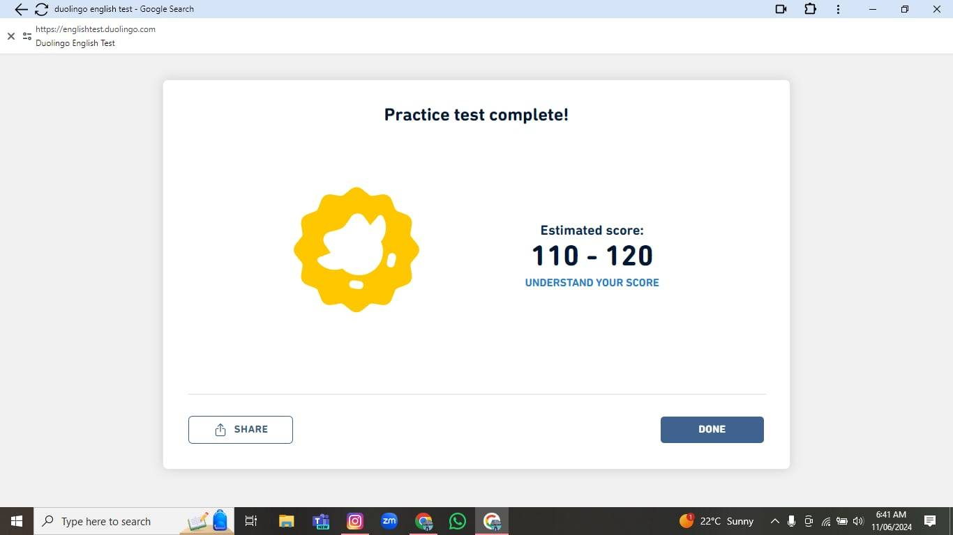 Screenshot of the estimated scores from a Duolingo mock test: 110 to 120. 