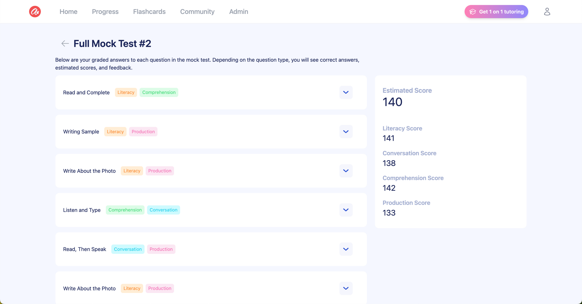 Screenshot showing how on Arno's mock tests, you get an overall score and subscores.