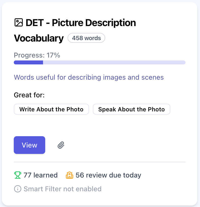 Screenshot of the PIcture Description Vocabulary collection in Arno's Vocabulary Builder