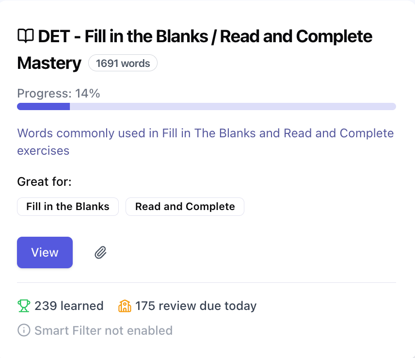 Screenshot of the Fill in the Blanks / Read and Complete collection inside of Arno's Vocabulary Builder