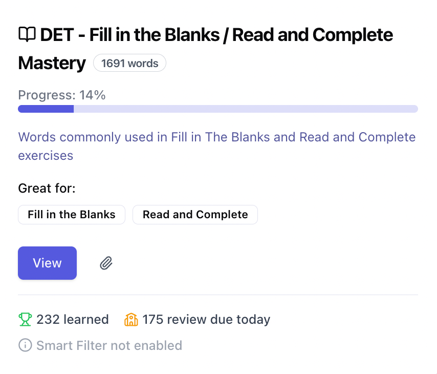 Screenshot of the Fill in the Blanks / Read and Complete Mastery collection inside of Arno's Vocabulary Builder