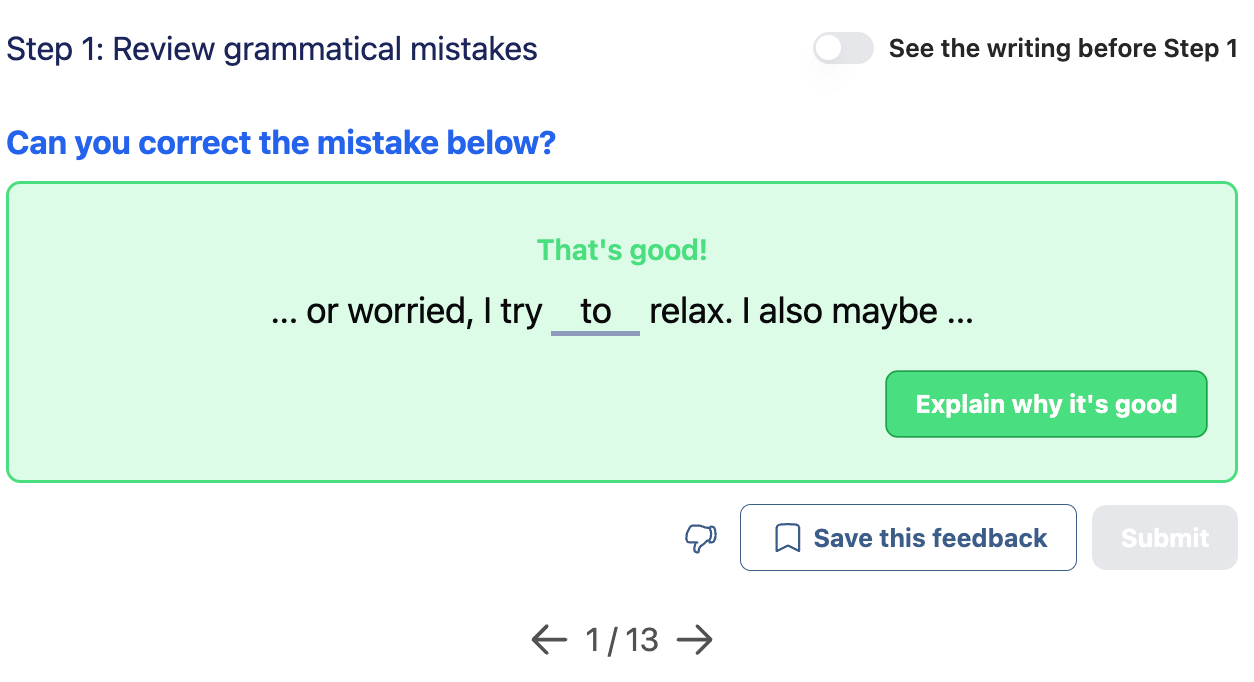 Screenshot showing how Arno also identifies your grammar mistakes and other areas for improvement and allows you to fix them so that you can see exactly how to raise your score.
