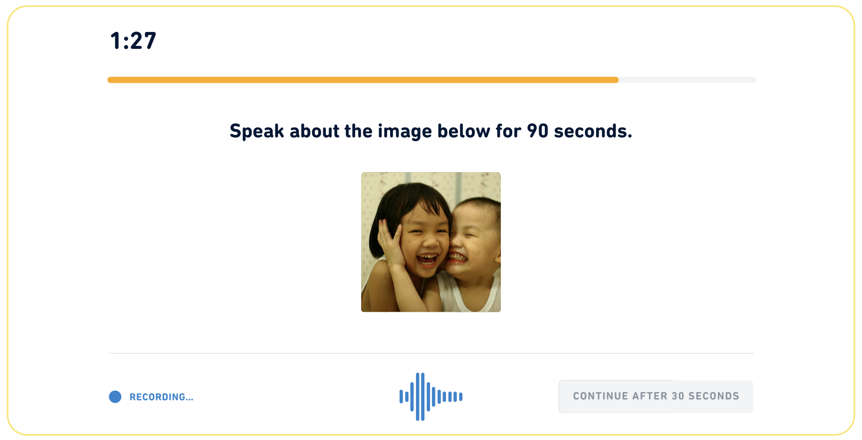 Screenshot of a "Speak About the Photo" question on the Duolingo English Test