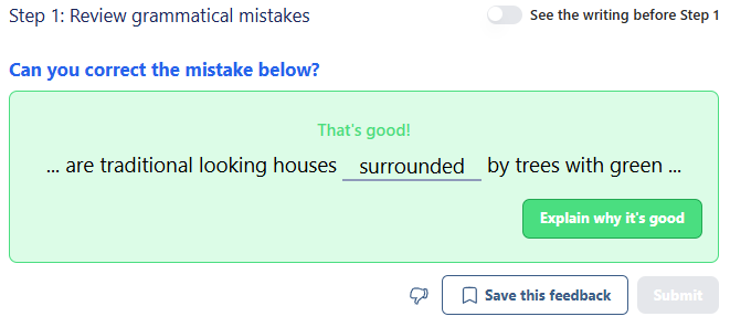 Screenshot showing how Arno identifies specific weak areas in your response and allows you to fix them so that you can learn from your mistakes.