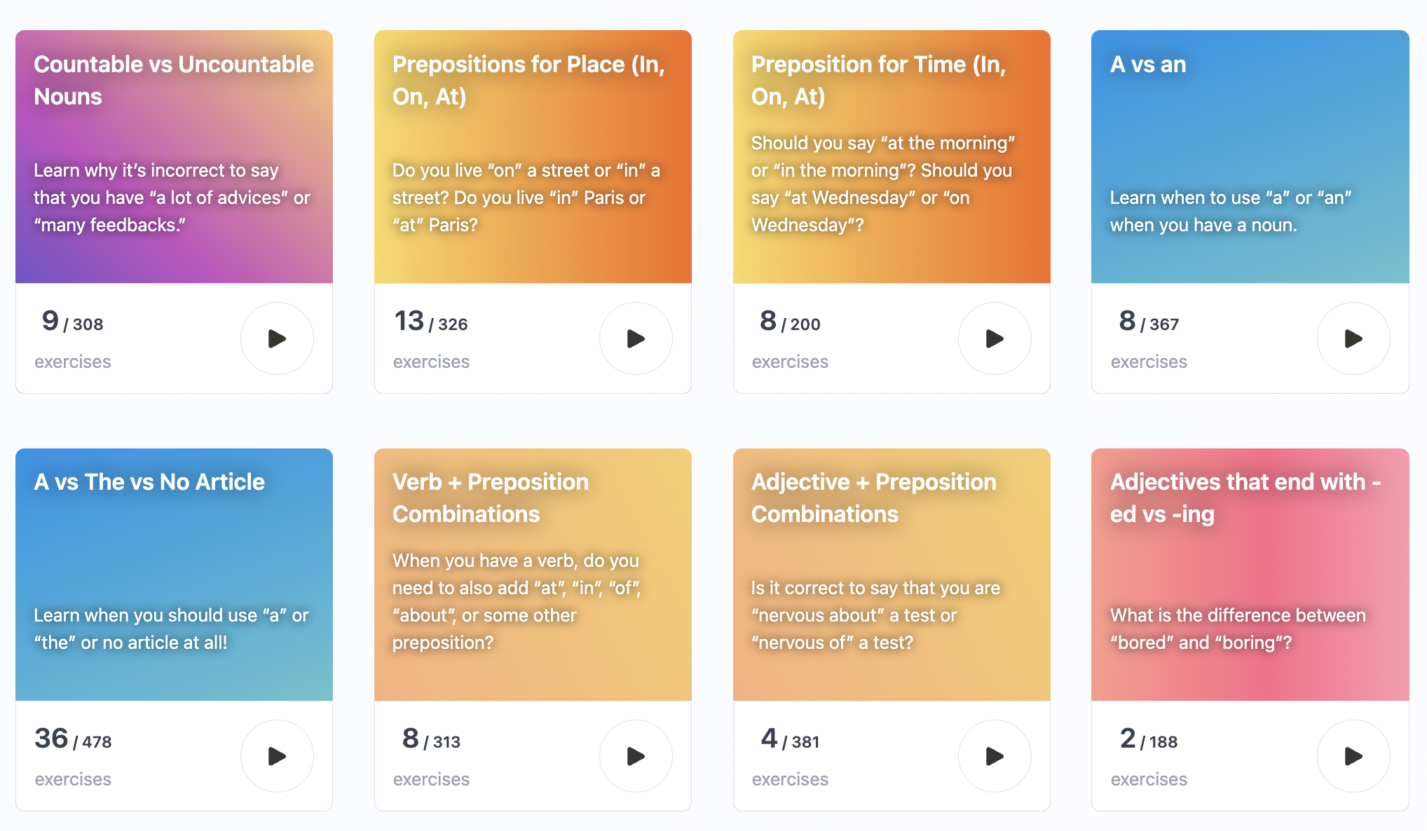 Screenshot of examples of some of the grammar exercises available in Arno